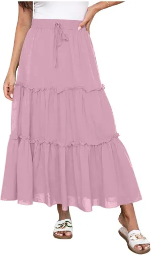 Xiaojmake Womens Flowy Boho Maxi Skirt Elastic High Waist Pleated A Line Tiered Casual Summer Beach Long Skirts with Pockets