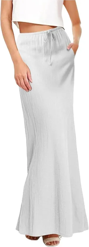 XOWRTE Linen Maxi Skirts for Women Trendy Summer Comfy Drawstring Waist A Line Skirts Cute Vacation Boho Long Flowy Skirts