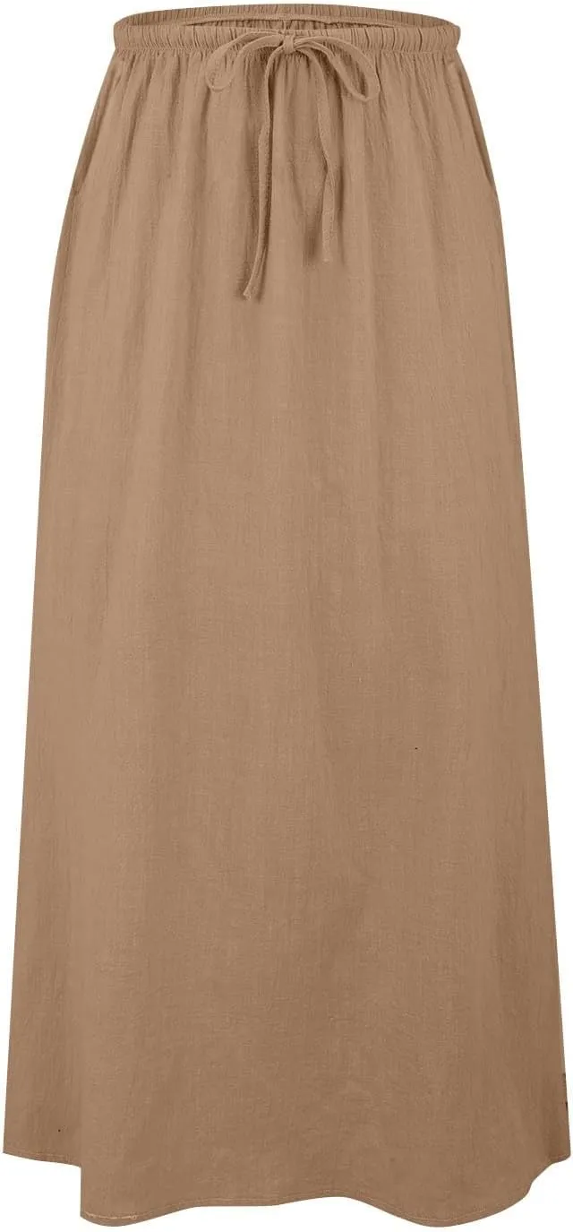 XOWRTE Linen Maxi Skirts for Women Trendy Summer Comfy Drawstring Waist A Line Skirts Cute Vacation Boho Long Flowy Skirts