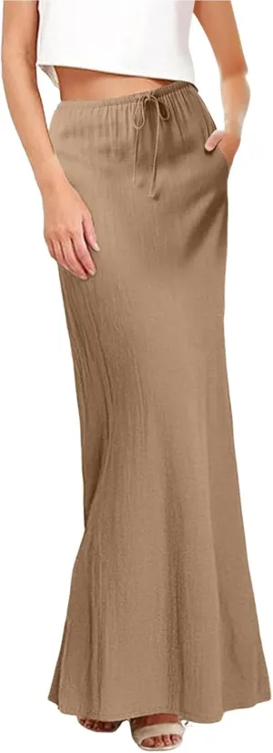 XOWRTE Linen Maxi Skirts for Women Trendy Summer Comfy Drawstring Waist A Line Skirts Cute Vacation Boho Long Flowy Skirts