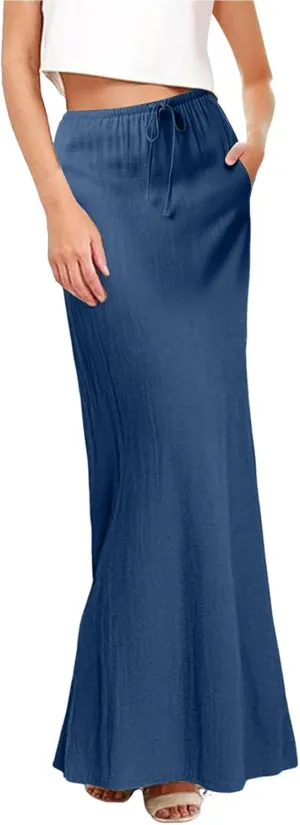 XOWRTE Linen Maxi Skirts for Women Trendy Summer Comfy Drawstring Waist A Line Skirts Cute Vacation Boho Long Flowy Skirts
