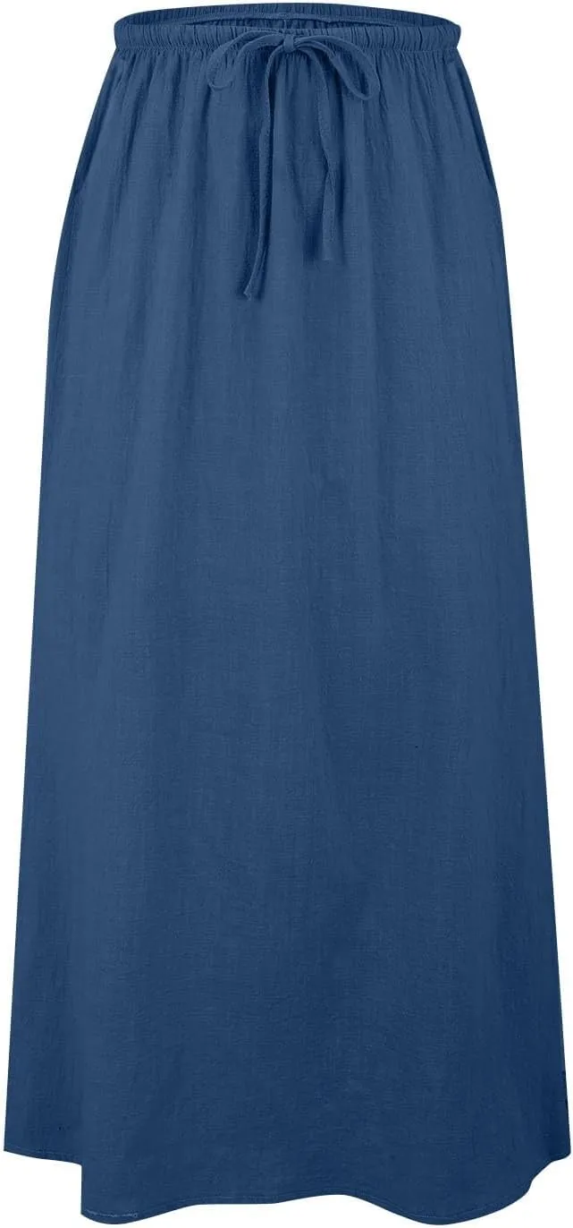 XOWRTE Linen Maxi Skirts for Women Trendy Summer Comfy Drawstring Waist A Line Skirts Cute Vacation Boho Long Flowy Skirts