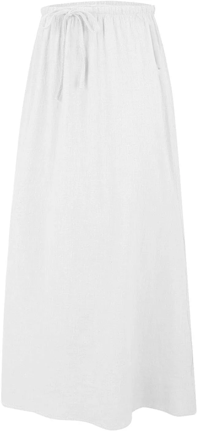 XOWRTE Linen Maxi Skirts for Women Trendy Summer Comfy Drawstring Waist A Line Skirts Cute Vacation Boho Long Flowy Skirts