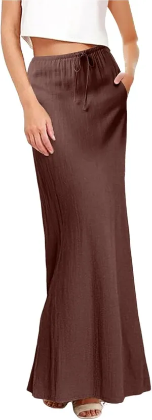 XOWRTE Linen Maxi Skirts for Women Trendy Summer Comfy Drawstring Waist A Line Skirts Cute Vacation Boho Long Flowy Skirts