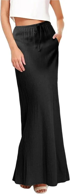 XOWRTE Linen Maxi Skirts for Women Trendy Summer Comfy Drawstring Waist A Line Skirts Cute Vacation Boho Long Flowy Skirts
