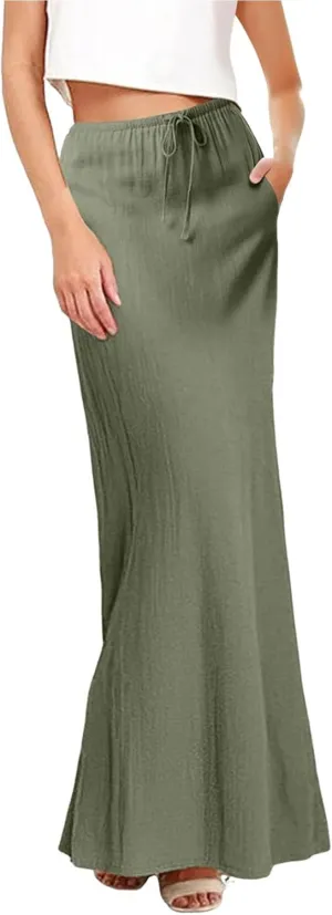 XOWRTE Linen Maxi Skirts for Women Trendy Summer Comfy Drawstring Waist A Line Skirts Cute Vacation Boho Long Flowy Skirts