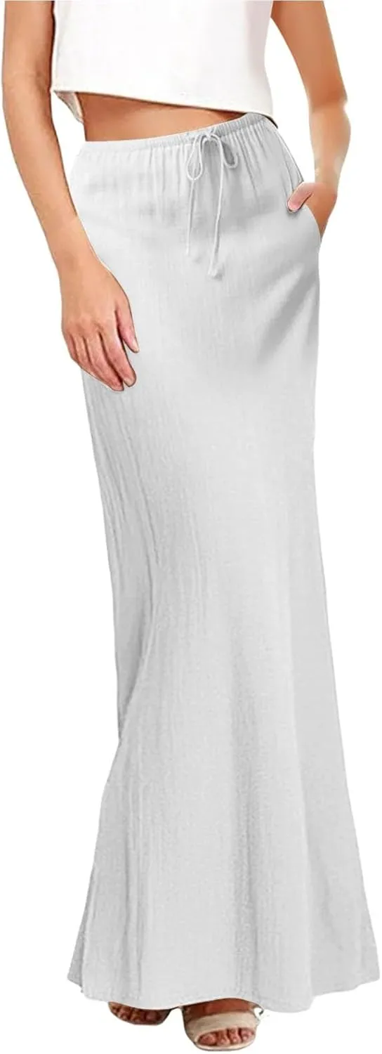 XOWRTE Linen Maxi Skirts for Women Trendy Summer Comfy Drawstring Waist A Line Skirts Cute Vacation Boho Long Flowy Skirts
