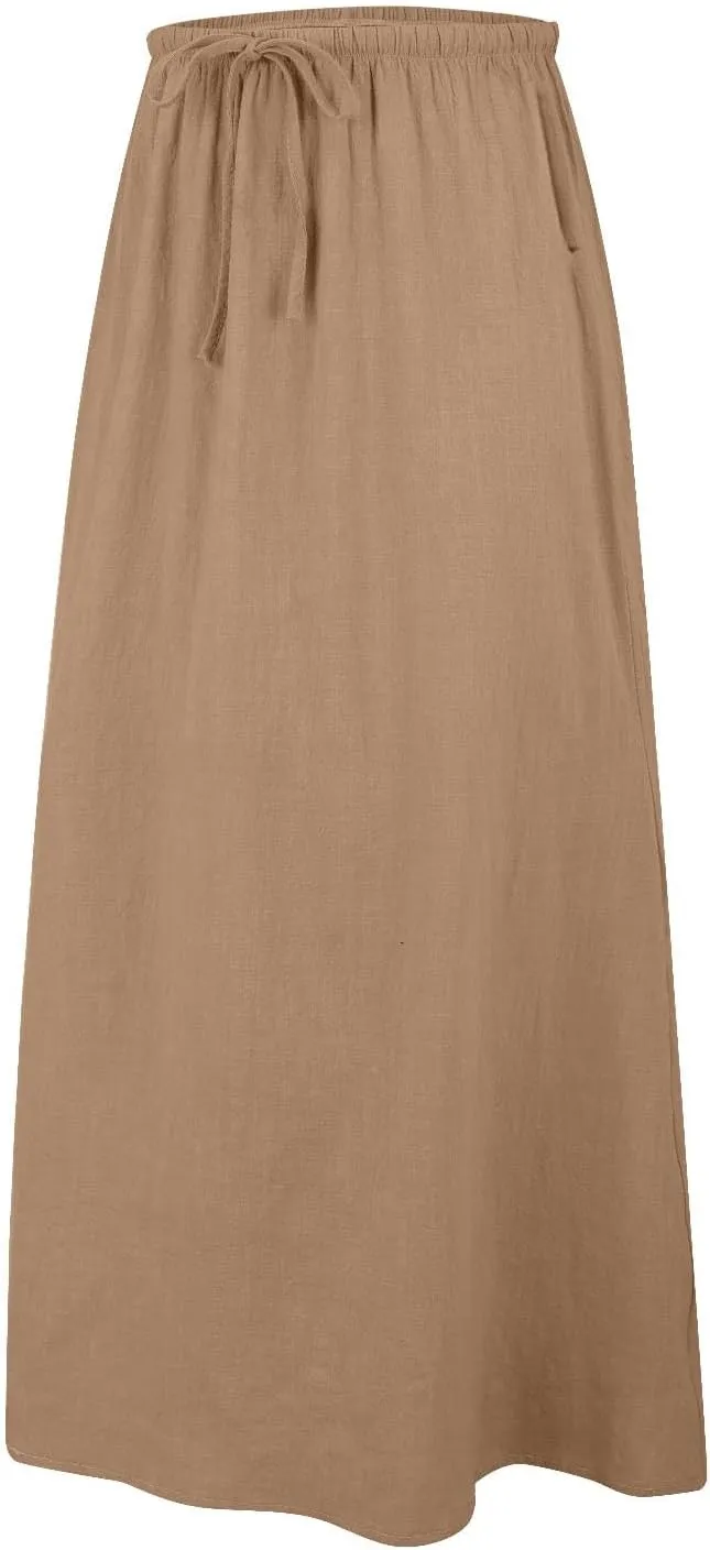 XOWRTE Linen Maxi Skirts for Women Trendy Summer Comfy Drawstring Waist A Line Skirts Cute Vacation Boho Long Flowy Skirts