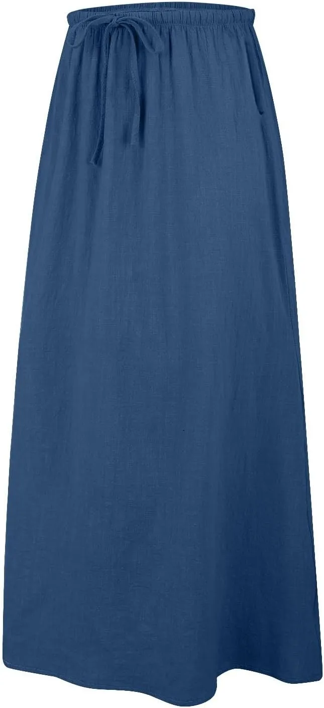 XOWRTE Linen Maxi Skirts for Women Trendy Summer Comfy Drawstring Waist A Line Skirts Cute Vacation Boho Long Flowy Skirts