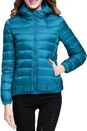 XUETON Womens Zip Up Lightweight Packable Down Puffer Jacket Autumn Winter Warm Hooded Windproof Water-Resistant Short Down Jacket Outerwear(Blue,XX-Large)