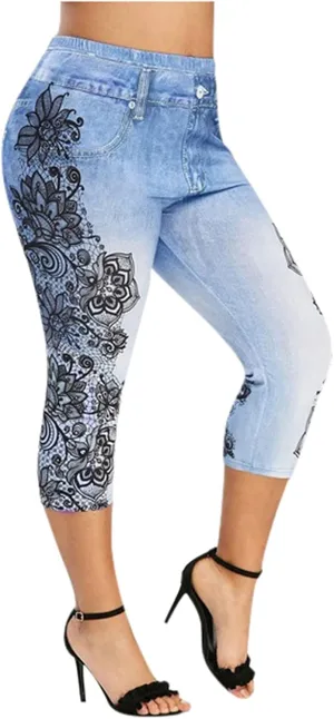 XUNRYAN Capri Leggings for Women Stretchy High Waisted Faux Jeans Shorts Plus Size Elastic Waist Casual Yoga Leggings Pants