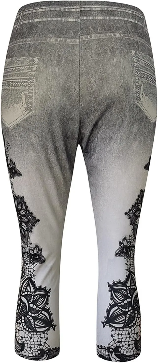 XUNRYAN Capri Leggings for Women Stretchy High Waisted Faux Jeans Shorts Plus Size Elastic Waist Casual Yoga Leggings Pants