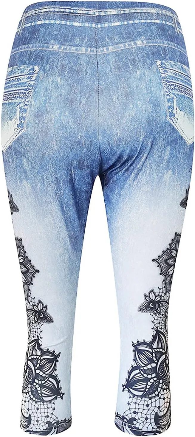 XUNRYAN Capri Leggings for Women Stretchy High Waisted Faux Jeans Shorts Plus Size Elastic Waist Casual Yoga Leggings Pants