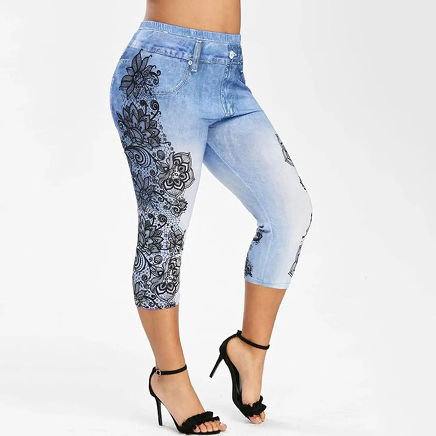 XUNRYAN Capri Leggings for Women Stretchy High Waisted Faux Jeans Shorts Plus Size Elastic Waist Casual Yoga Leggings Pants