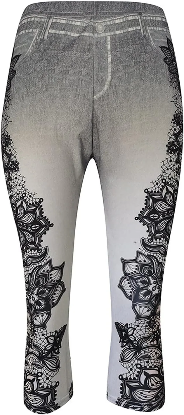 XUNRYAN Capri Leggings for Women Stretchy High Waisted Faux Jeans Shorts Plus Size Elastic Waist Casual Yoga Leggings Pants