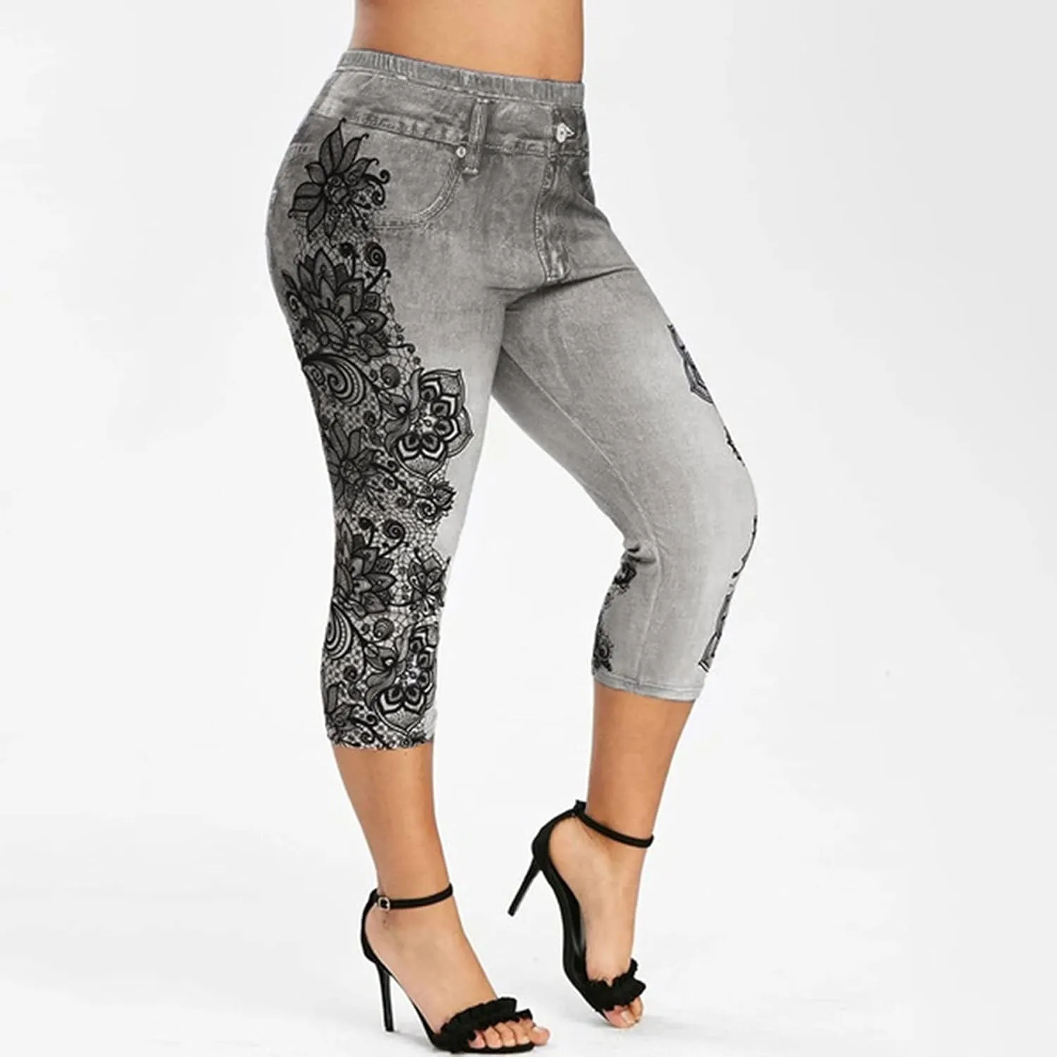 XUNRYAN Capri Leggings for Women Stretchy High Waisted Faux Jeans Shorts Plus Size Elastic Waist Casual Yoga Leggings Pants