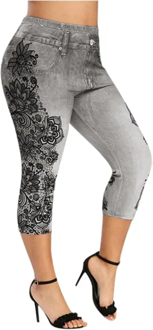 XUNRYAN Capri Leggings for Women Stretchy High Waisted Faux Jeans Shorts Plus Size Elastic Waist Casual Yoga Leggings Pants