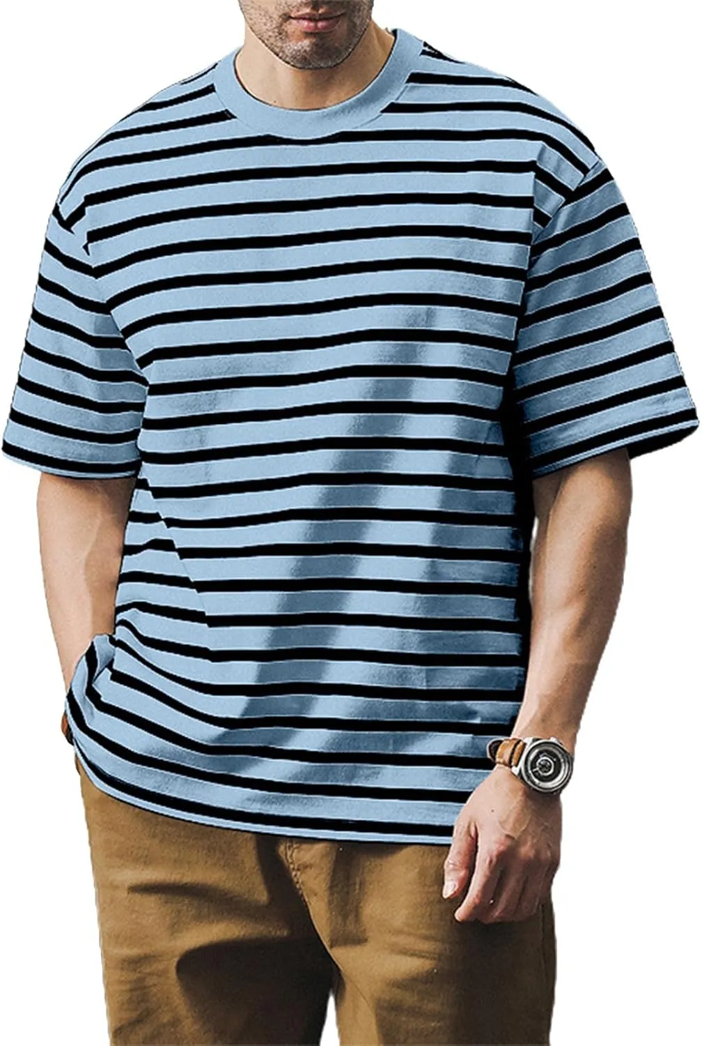 Ymosrh Men's Fashion Tshirts Casual Striped Short Sleeve Crewneck Summer Basic Tee Shirts, S-4XL