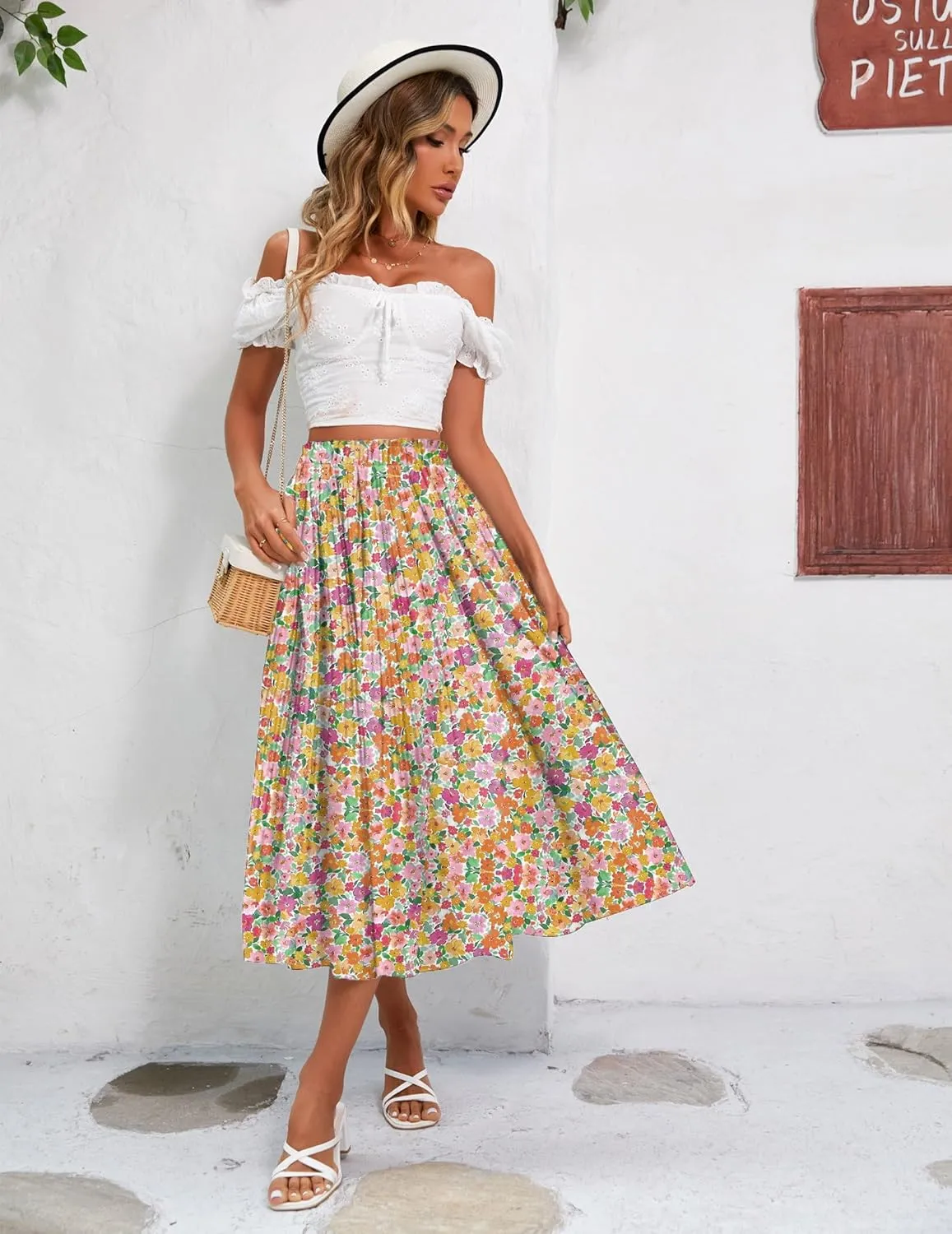 Zeagoo Women's Midi Skirts High Waisted Pleated A-Line Swing Skirts Summer Floral Long Skirts with Pockets