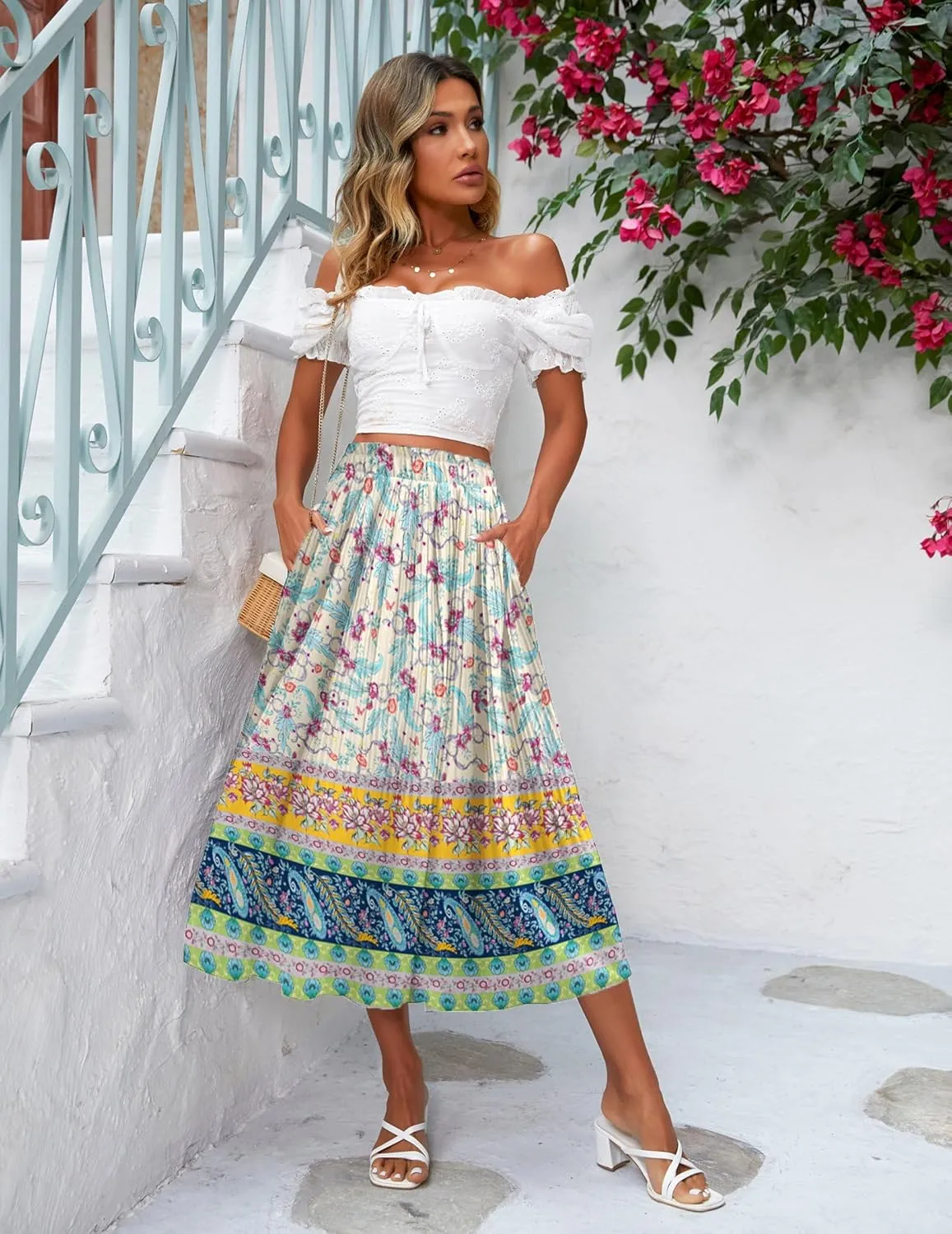 Zeagoo Women's Midi Skirts High Waisted Pleated A-Line Swing Skirts Summer Floral Long Skirts with Pockets