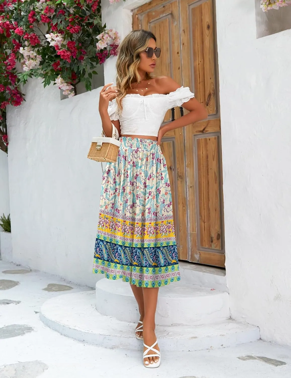 Zeagoo Women's Midi Skirts High Waisted Pleated A-Line Swing Skirts Summer Floral Long Skirts with Pockets