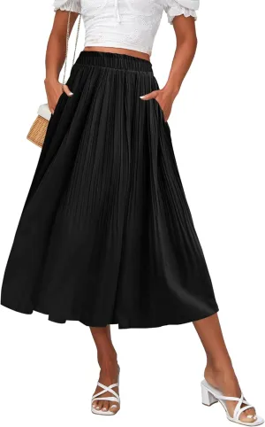 Zeagoo Women's Midi Skirts High Waisted Pleated A-Line Swing Skirts Summer Floral Long Skirts with Pockets
