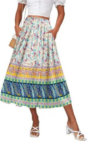 Zeagoo Women's Midi Skirts High Waisted Pleated A-Line Swing Skirts Summer Floral Long Skirts with Pockets