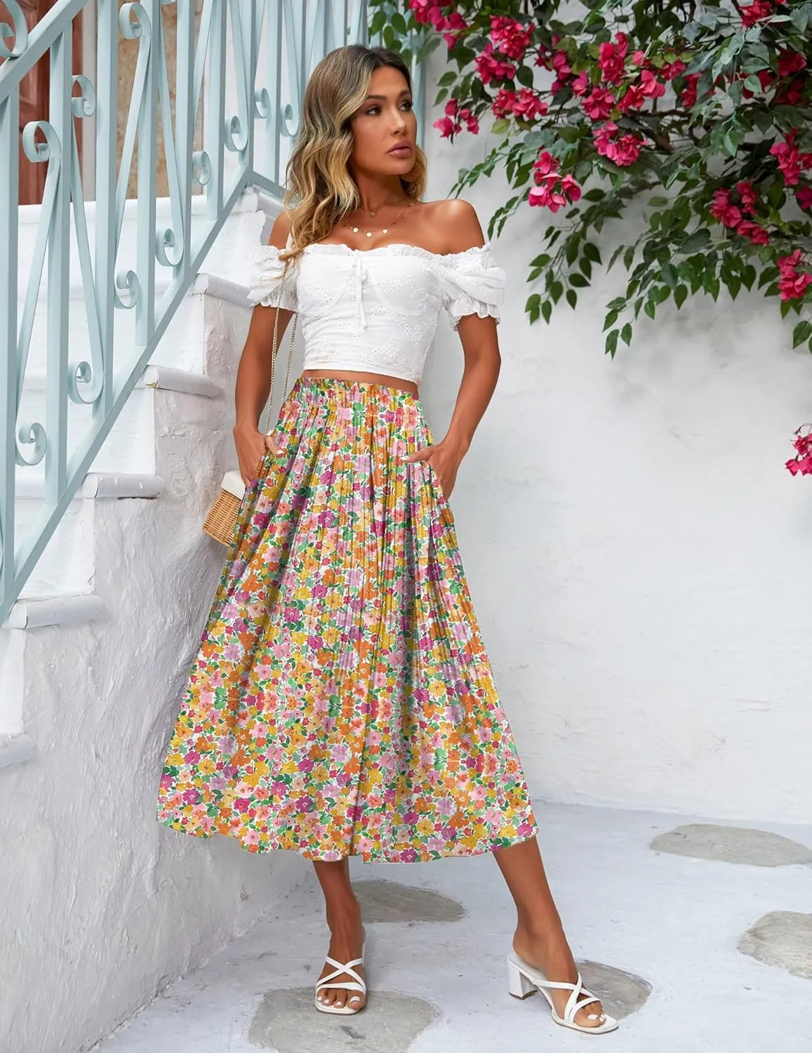 Zeagoo Women's Midi Skirts High Waisted Pleated A-Line Swing Skirts Summer Floral Long Skirts with Pockets