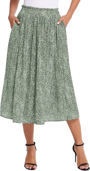 Zeagoo Women's Midi Skirts High Waisted Pleated A-Line Swing Skirts Summer Floral Long Skirts with Pockets