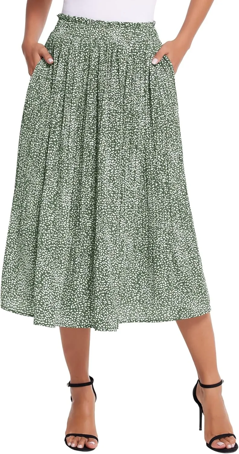 Zeagoo Women's Midi Skirts High Waisted Pleated A-Line Swing Skirts Summer Floral Long Skirts with Pockets