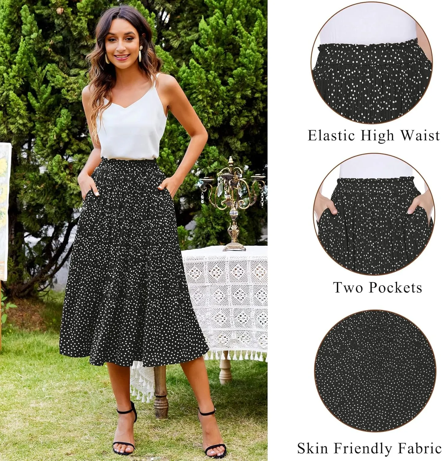 Zeagoo Women's Midi Skirts High Waisted Pleated A-Line Swing Skirts Summer Floral Long Skirts with Pockets