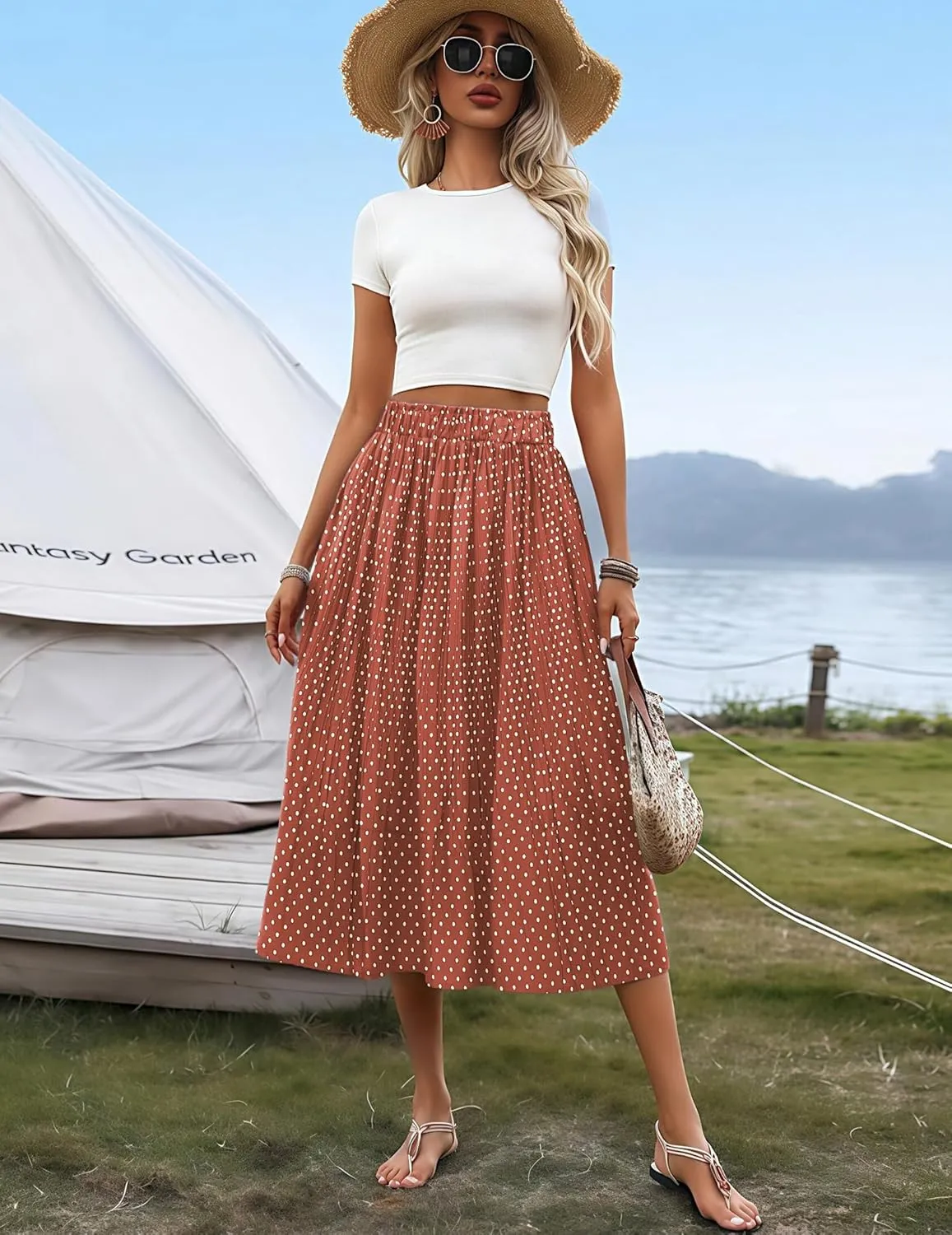 Zeagoo Women's Midi Skirts High Waisted Pleated A-Line Swing Skirts Summer Floral Long Skirts with Pockets
