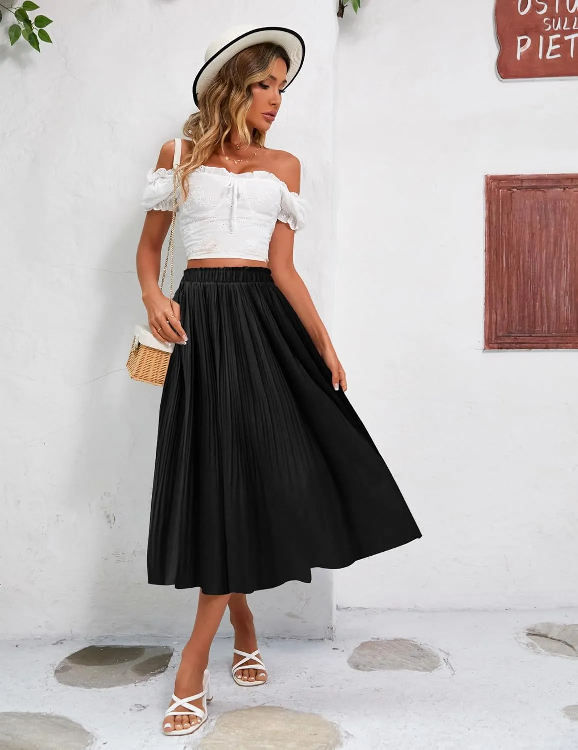 Zeagoo Women's Midi Skirts High Waisted Pleated A-Line Swing Skirts Summer Floral Long Skirts with Pockets