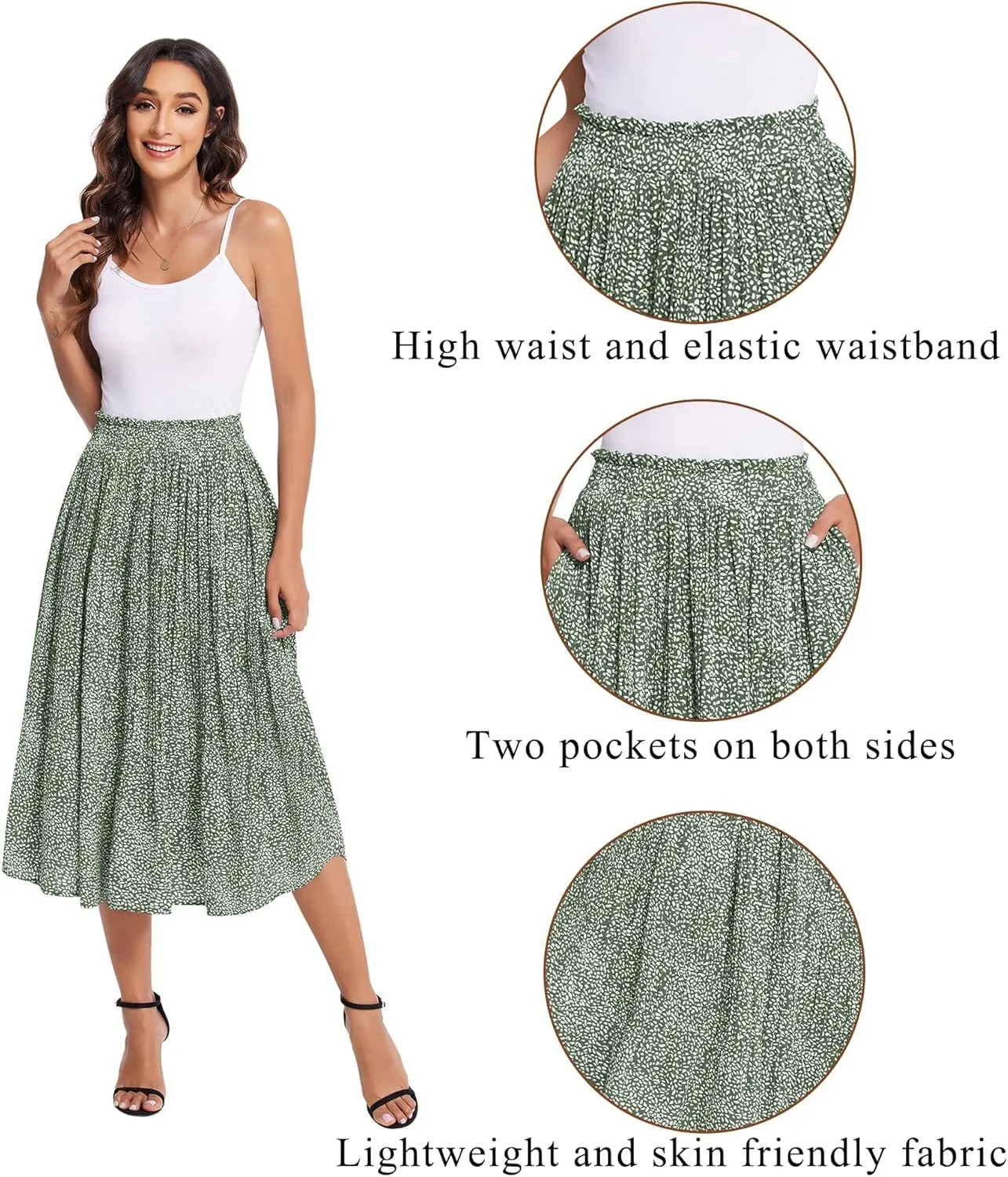 Zeagoo Women's Midi Skirts High Waisted Pleated A-Line Swing Skirts Summer Floral Long Skirts with Pockets