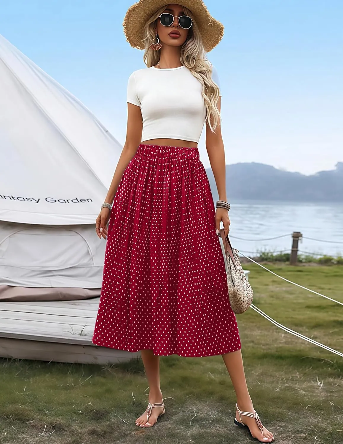 Zeagoo Women's Midi Skirts High Waisted Pleated A-Line Swing Skirts Summer Floral Long Skirts with Pockets
