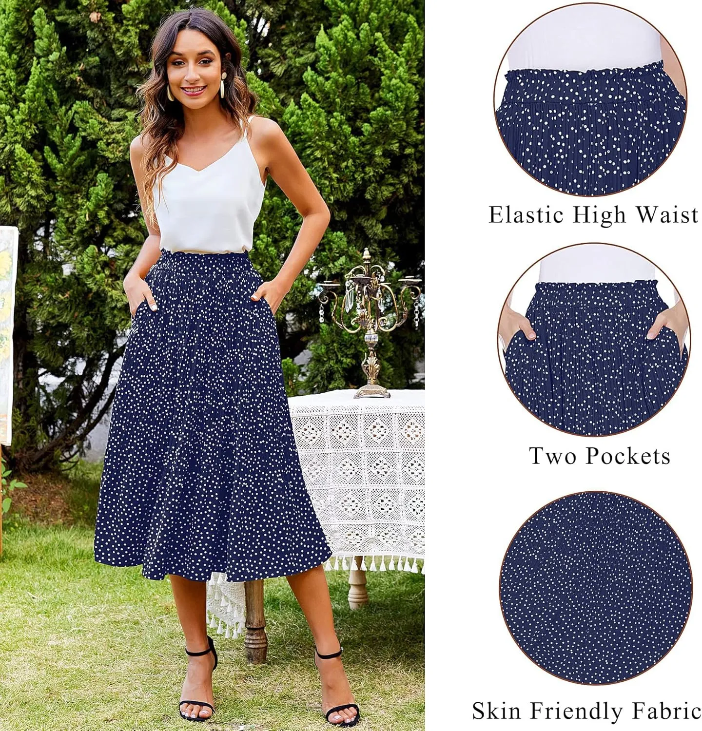 Zeagoo Women's Midi Skirts High Waisted Pleated A-Line Swing Skirts Summer Floral Long Skirts with Pockets