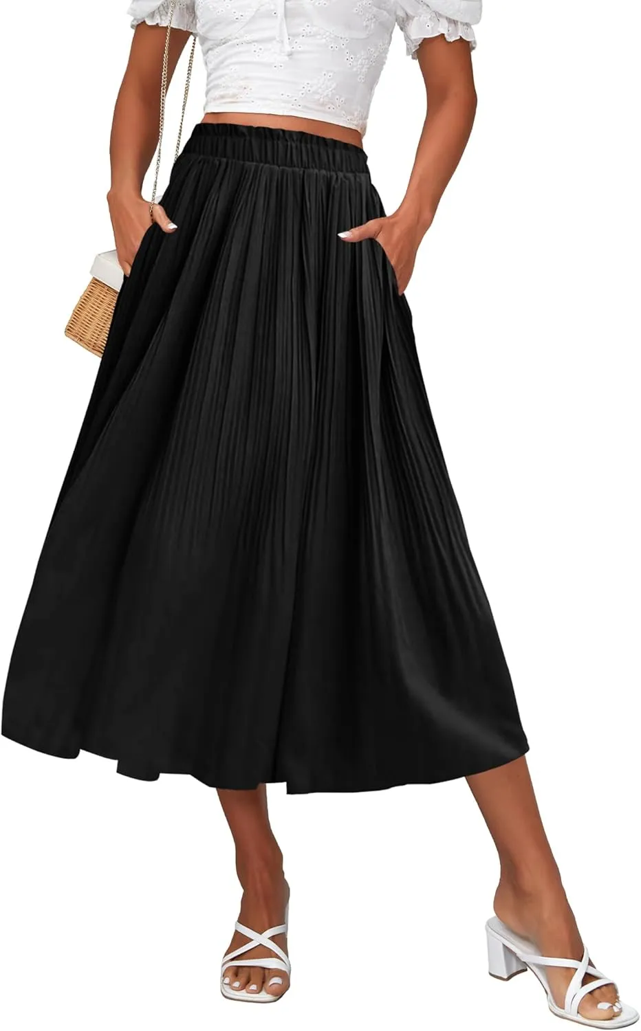 Zeagoo Women's Midi Skirts High Waisted Pleated A-Line Swing Skirts Summer Floral Long Skirts with Pockets