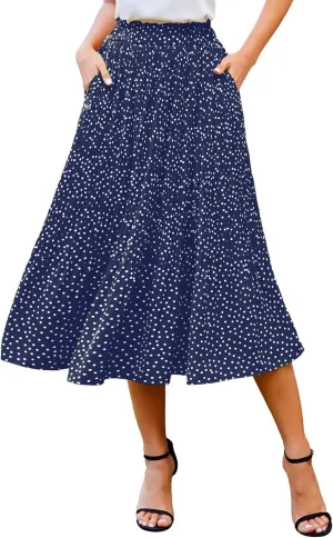 Zeagoo Women's Midi Skirts High Waisted Pleated A-Line Swing Skirts Summer Floral Long Skirts with Pockets