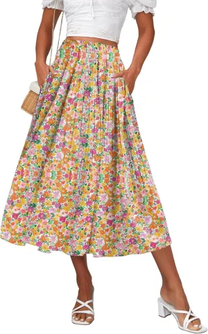 Zeagoo Women's Midi Skirts High Waisted Pleated A-Line Swing Skirts Summer Floral Long Skirts with Pockets