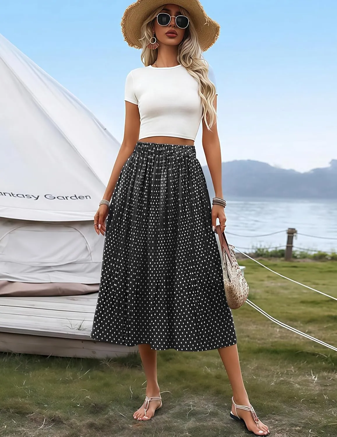 Zeagoo Women's Midi Skirts High Waisted Pleated A-Line Swing Skirts Summer Floral Long Skirts with Pockets