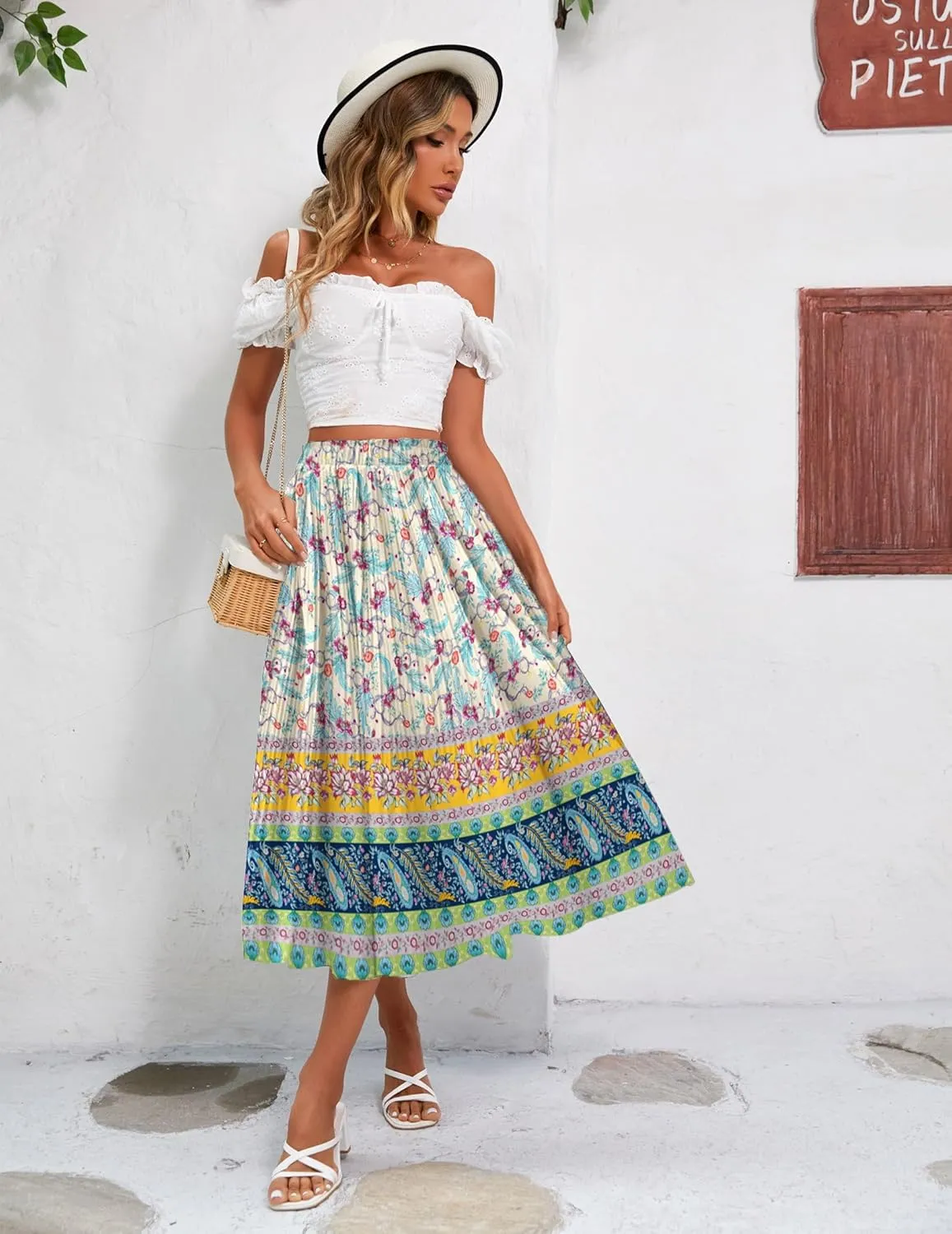 Zeagoo Women's Midi Skirts High Waisted Pleated A-Line Swing Skirts Summer Floral Long Skirts with Pockets