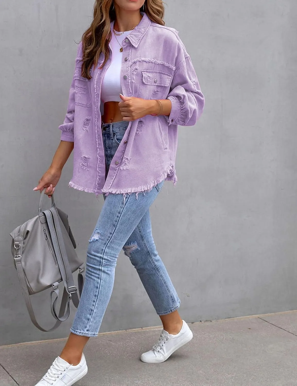 Zontroldy Aztec Denim Jacket for Women Oversized Button Down Distressed Denim Jean Shirt Shacket Jacket