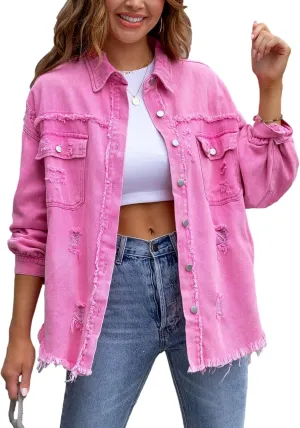 Zontroldy Aztec Denim Jacket for Women Oversized Button Down Distressed Denim Jean Shirt Shacket Jacket