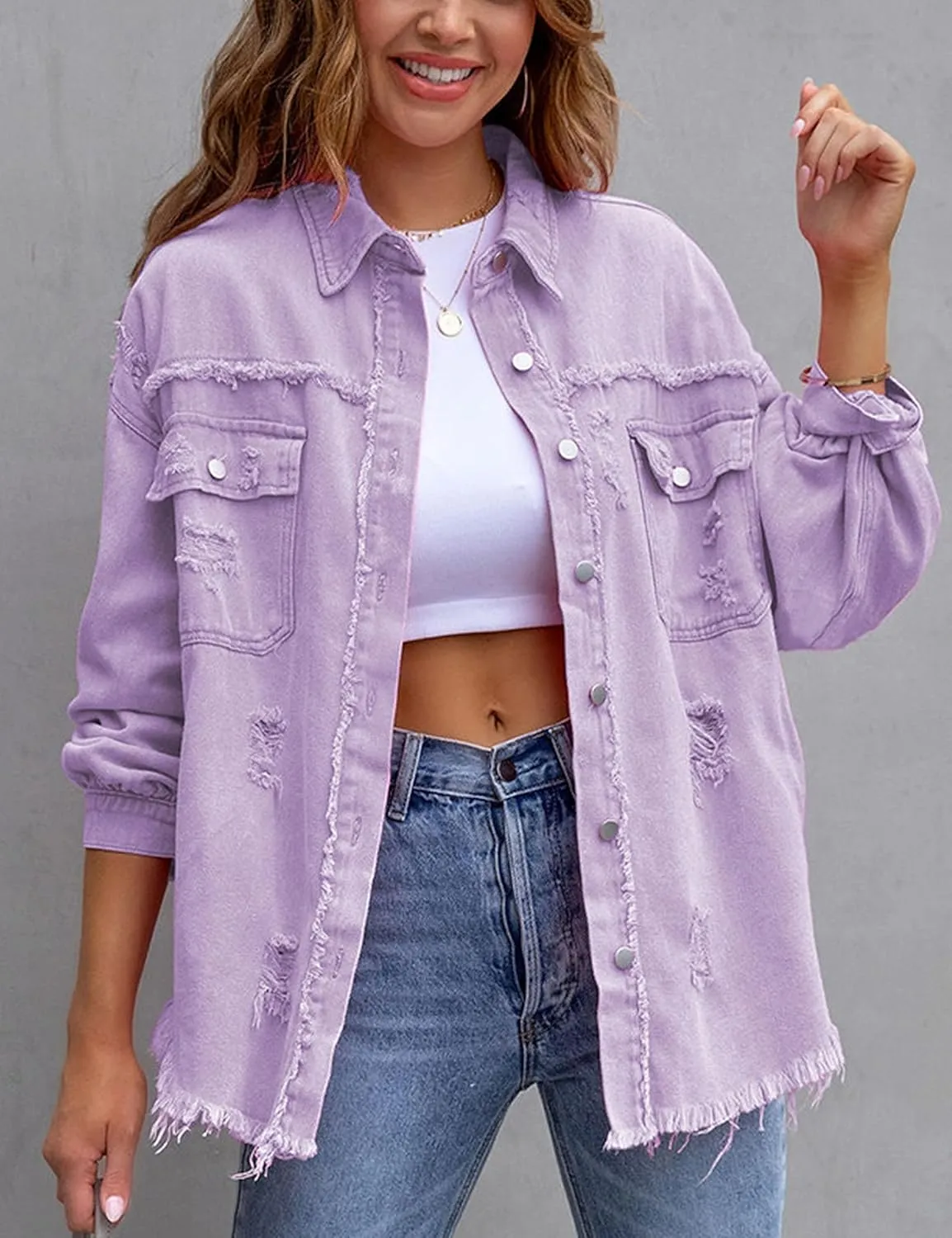 Zontroldy Aztec Denim Jacket for Women Oversized Button Down Distressed Denim Jean Shirt Shacket Jacket