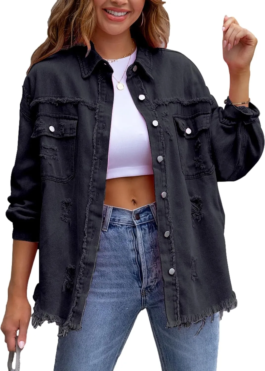 Zontroldy Aztec Denim Jacket for Women Oversized Button Down Distressed Denim Jean Shirt Shacket Jacket