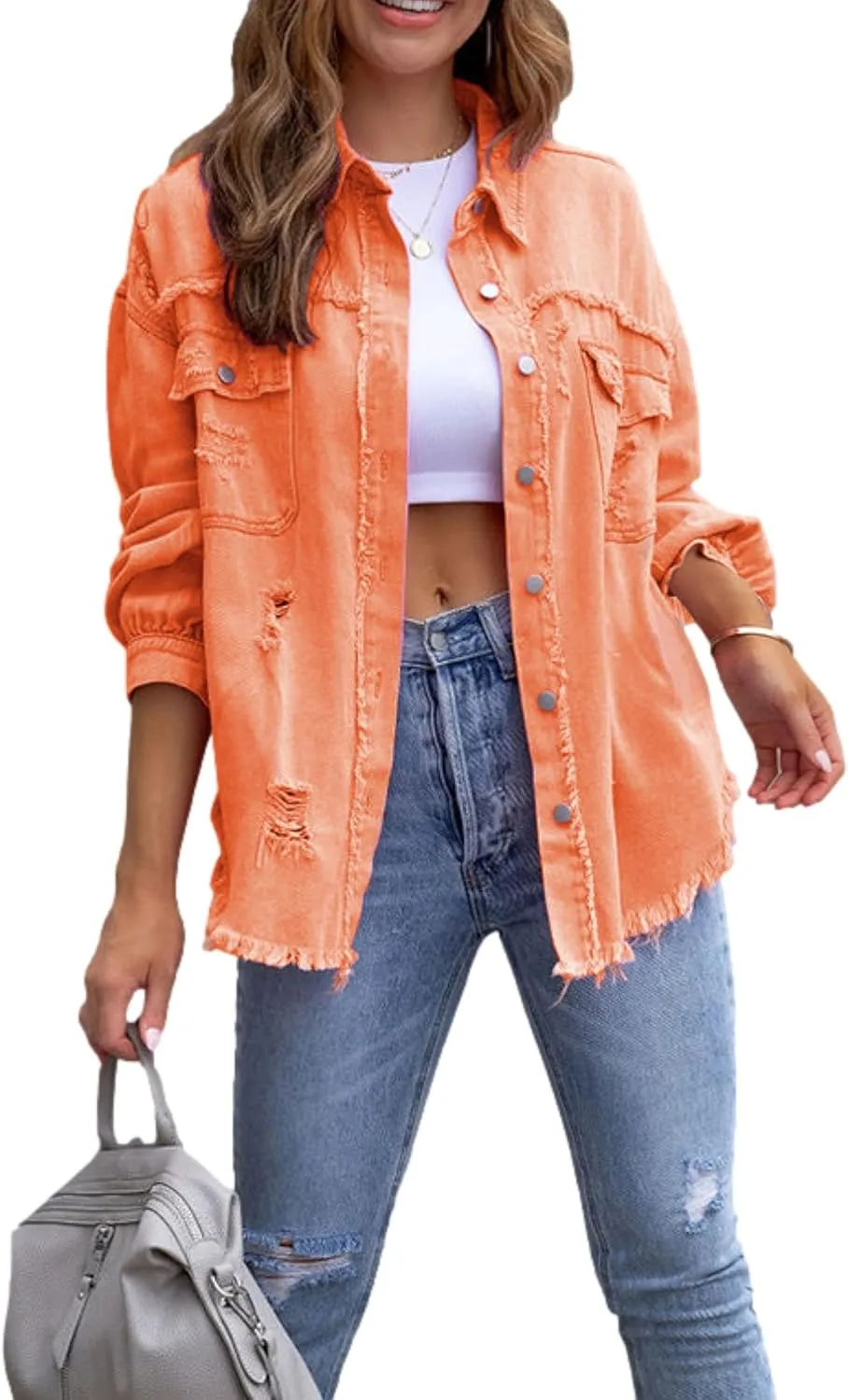 Zontroldy Aztec Denim Jacket for Women Oversized Button Down Distressed Denim Jean Shirt Shacket Jacket