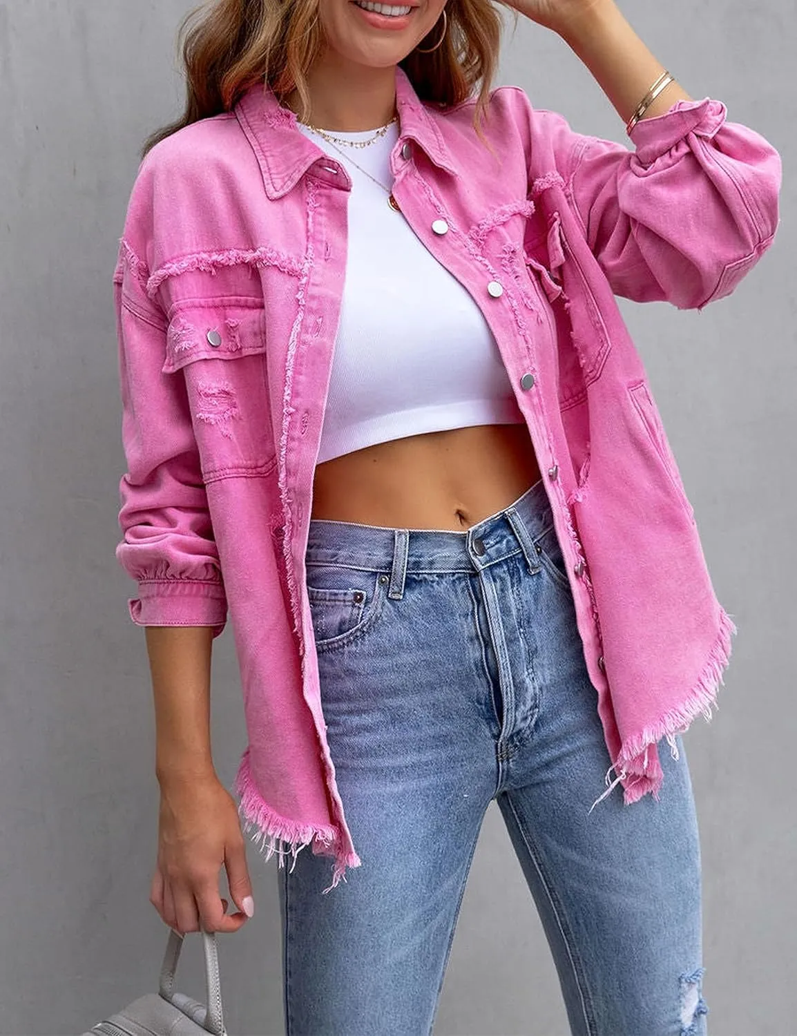 Zontroldy Aztec Denim Jacket for Women Oversized Button Down Distressed Denim Jean Shirt Shacket Jacket