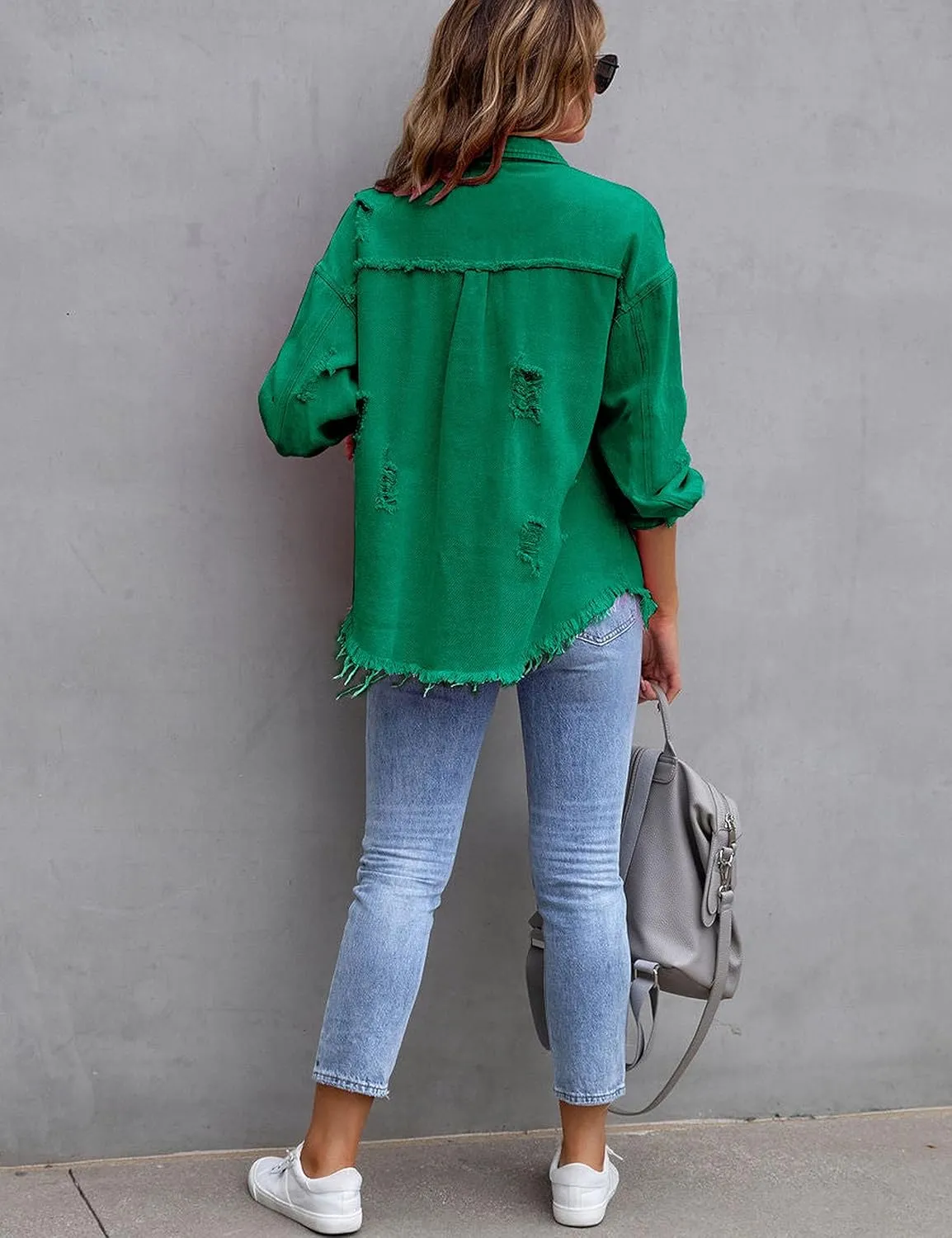 Zontroldy Aztec Denim Jacket for Women Oversized Button Down Distressed Denim Jean Shirt Shacket Jacket