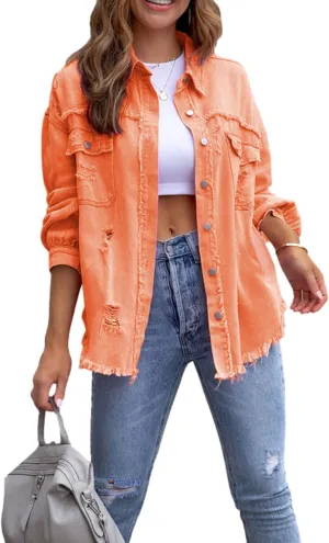 Zontroldy Aztec Denim Jacket for Women Oversized Button Down Distressed Denim Jean Shirt Shacket Jacket