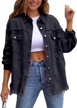 Zontroldy Aztec Denim Jacket for Women Oversized Button Down Distressed Denim Jean Shirt Shacket Jacket